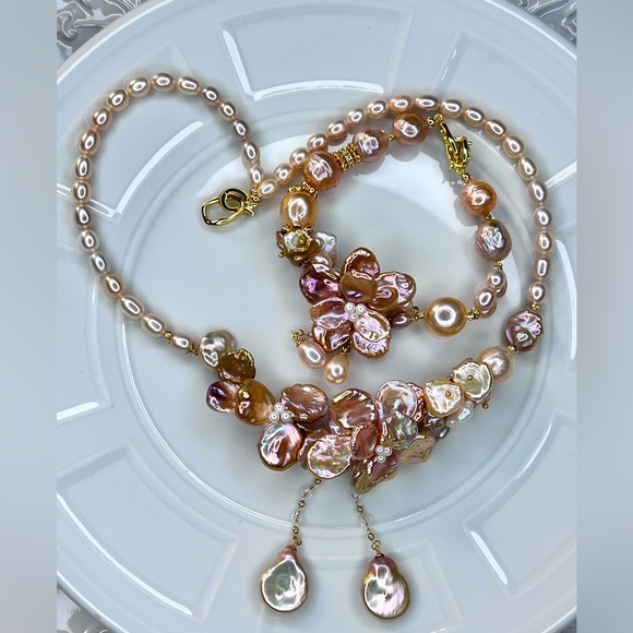 Premium! Handmade Freshwater Keshi Edison Pearl Champagne Gold Necklace Bracelet